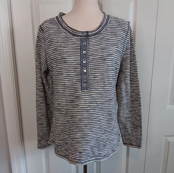 Sundace Navy and White Striped Long Sleeve Women's Henley Shirt - Picture 1 of 6